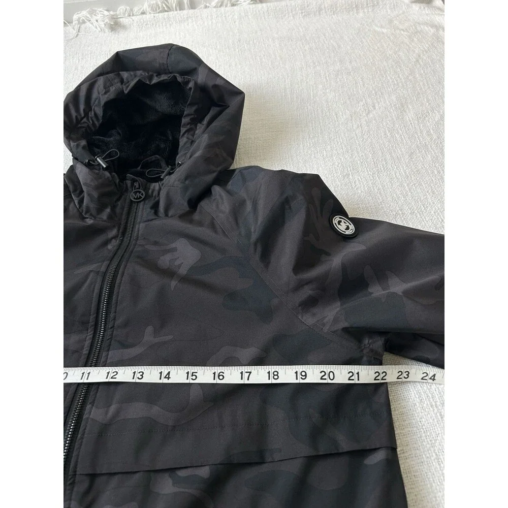 Michael Kors Black Gray Camouflage Hooded Jacket Size L Zippers Pockets